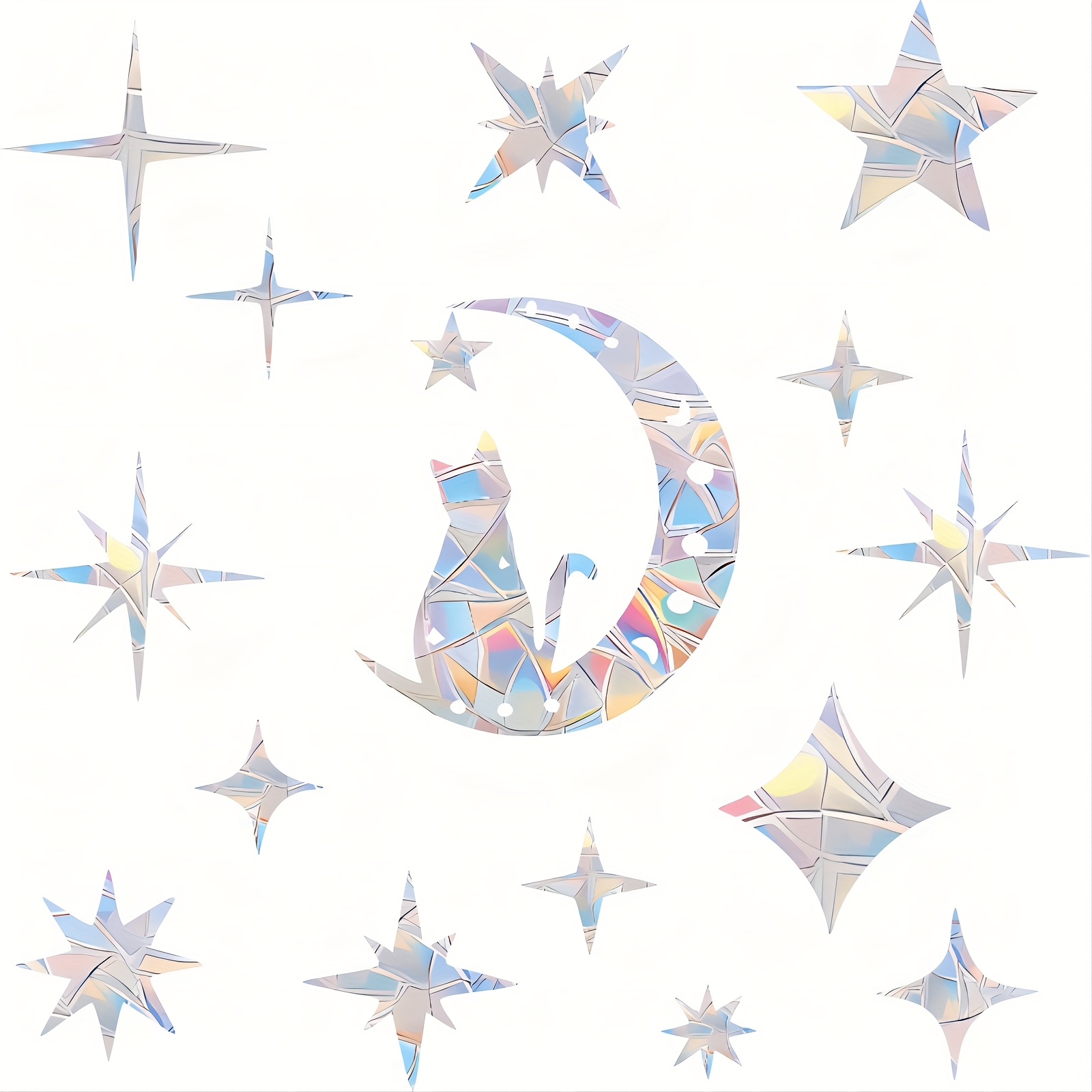 Image of Cat Moon And 19pcs Star Window Clings - Anti-collision Window Decals To Birds From Window , Non Adhesive Prismatic Vinyl Window Clings, Rainbow Stickers