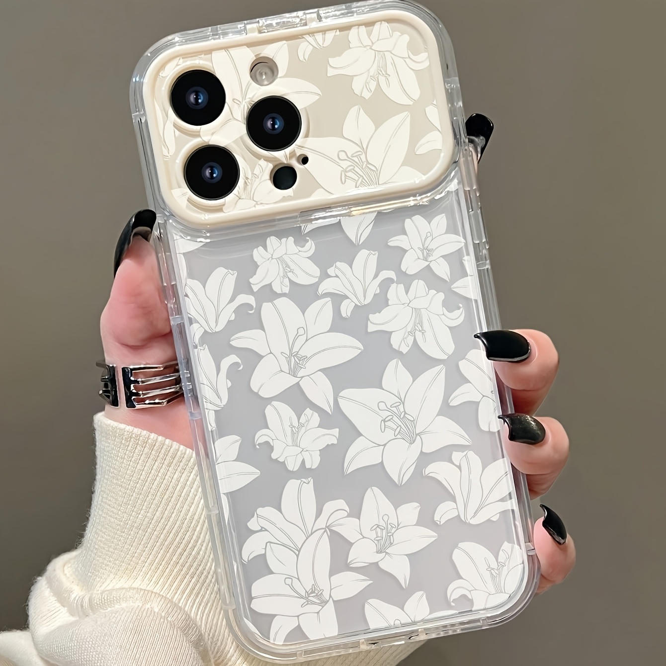 Etui za telefon - Retro bel cvetlični preklopni etui za telefon z ogledalom, se lahko uporablja kot enostavno zunanje ogledalo za ličenje,