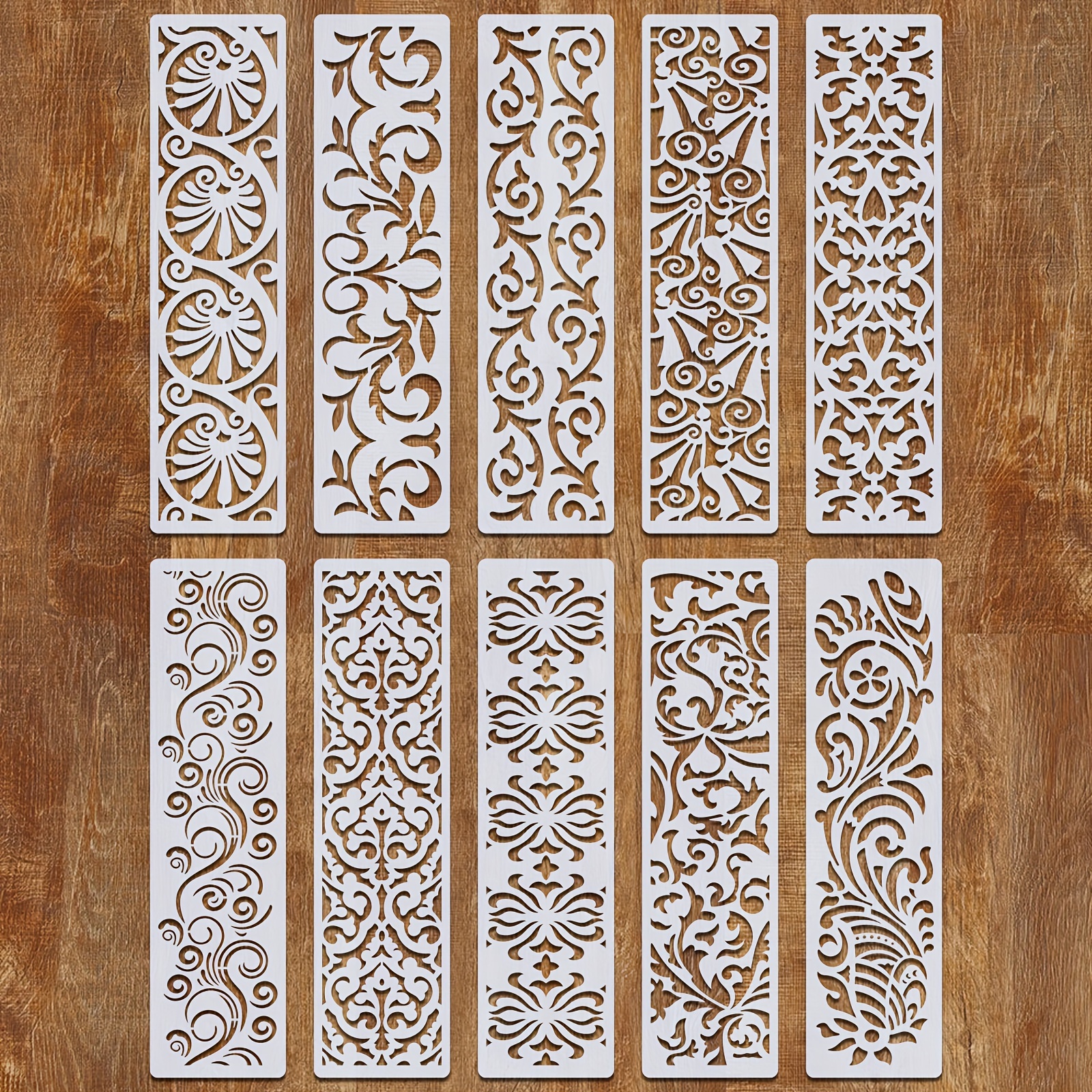 

10-pack Creamy White Plastic Stencils For Diy Crafts, Reusable Flower Border And , Furniture And Cake Decorating Templates, Ideal For Canvas And Wood Crafting - 3x12 Inches