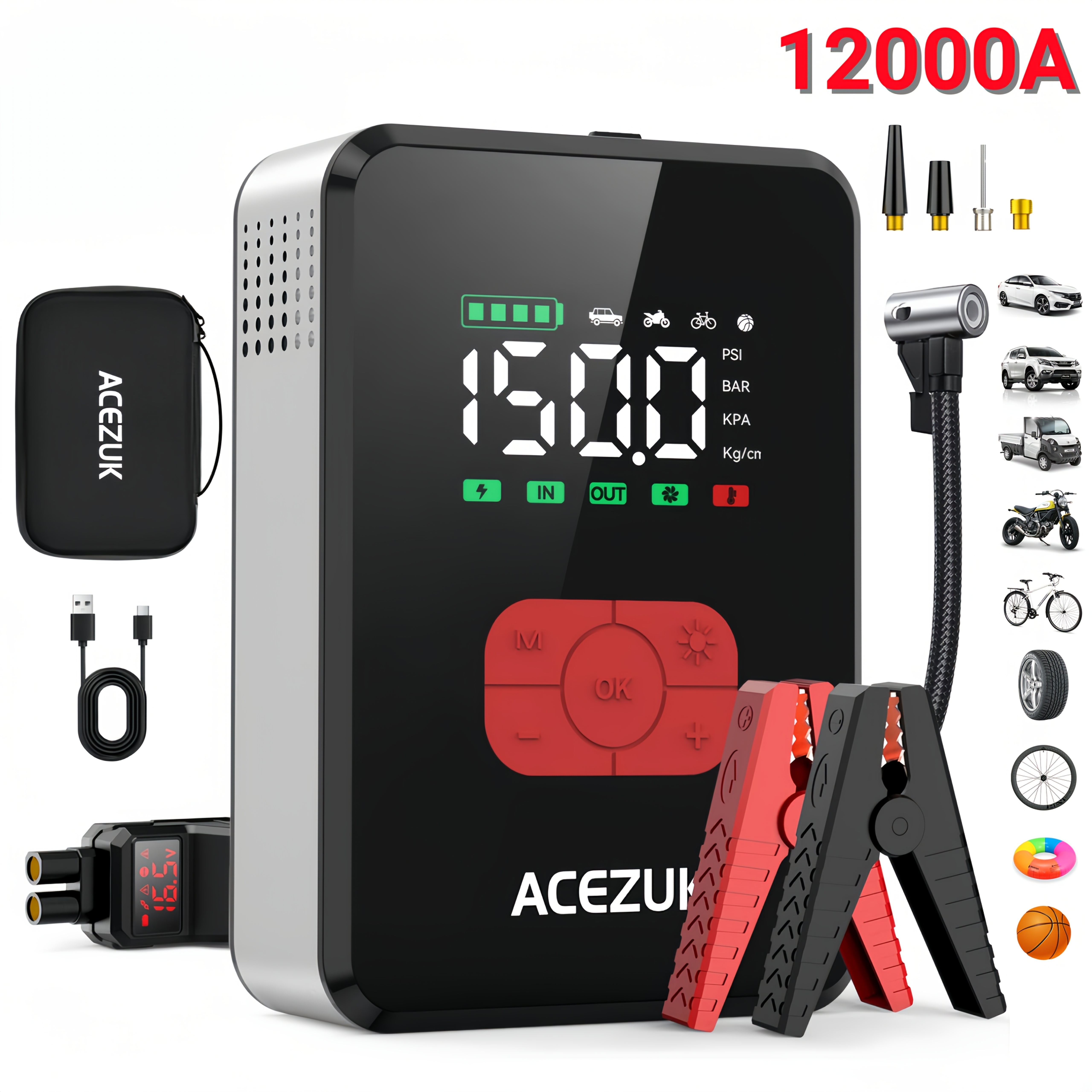 Image of 12000a Car Jump Starter With Air Compressor (150psi) - 12v Battery Booster For All Gas/12l Engines, 3.4" Lcd, 600 Lumen Light, Forced Start - Suvs, Trucks, Motorcycles, Lawn Mowers