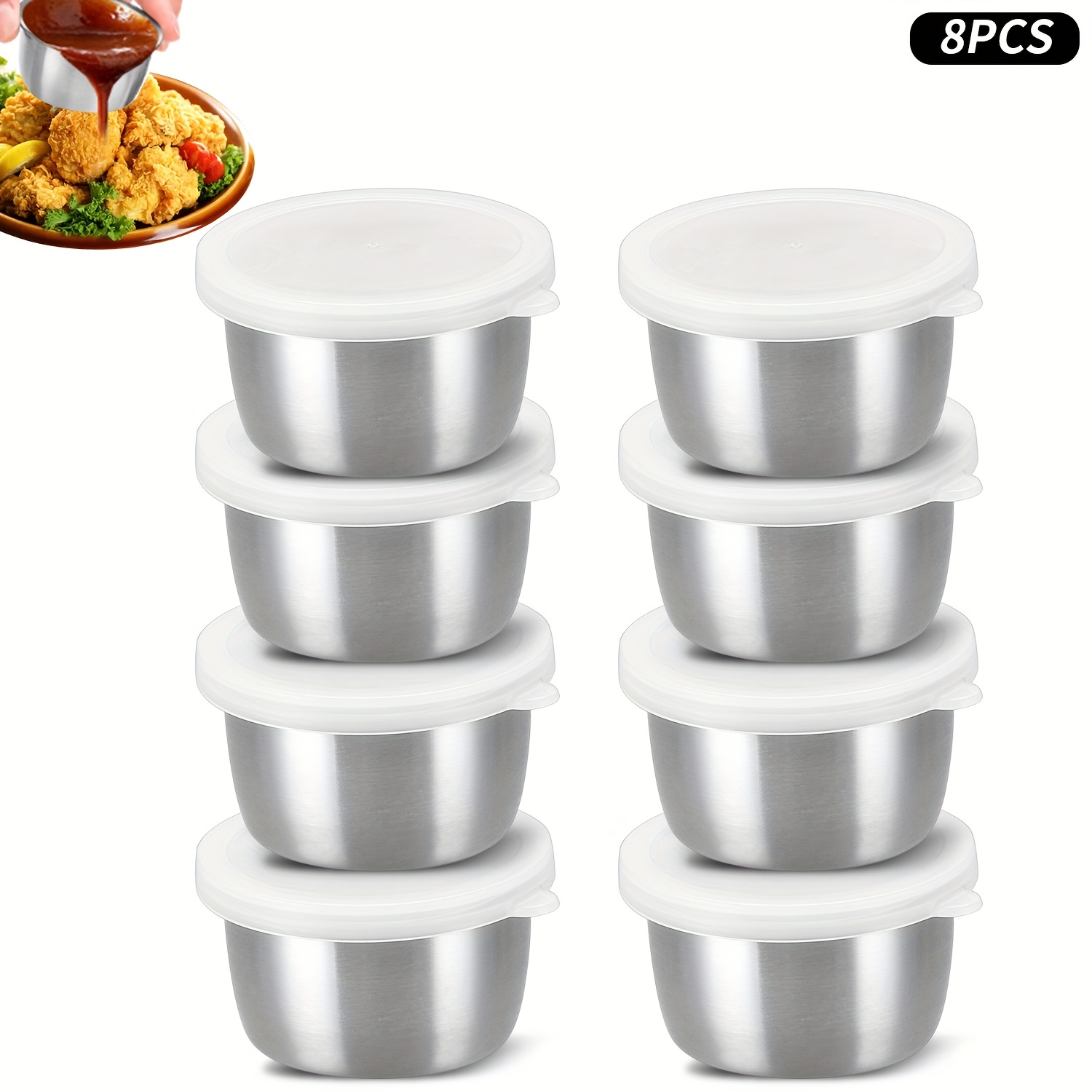 E-shop 8 Stück Saucenbehälter, Behälter mit Deckeln, wiederverwendbare Lunchbox-Saucenbehälter, 8 Edelstahl-Gewürzbecher, leicht zu öffnen,