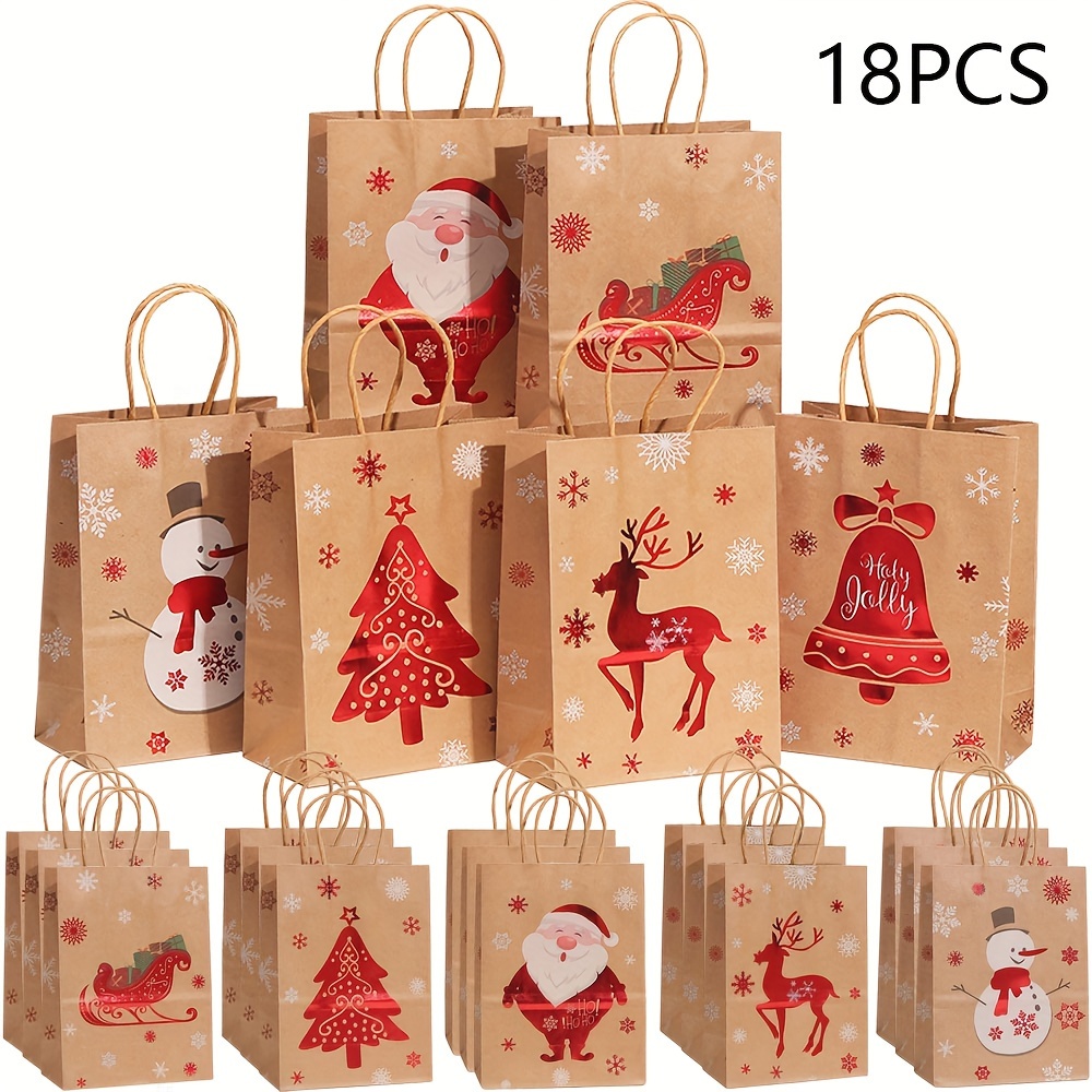 

18pcs Christmas Gift Bags Set - Assorted Santa, Reindeer, Snowman Designs - Paper Tote Bags For Holiday Presents, Treats, Party Favors, And Gifting