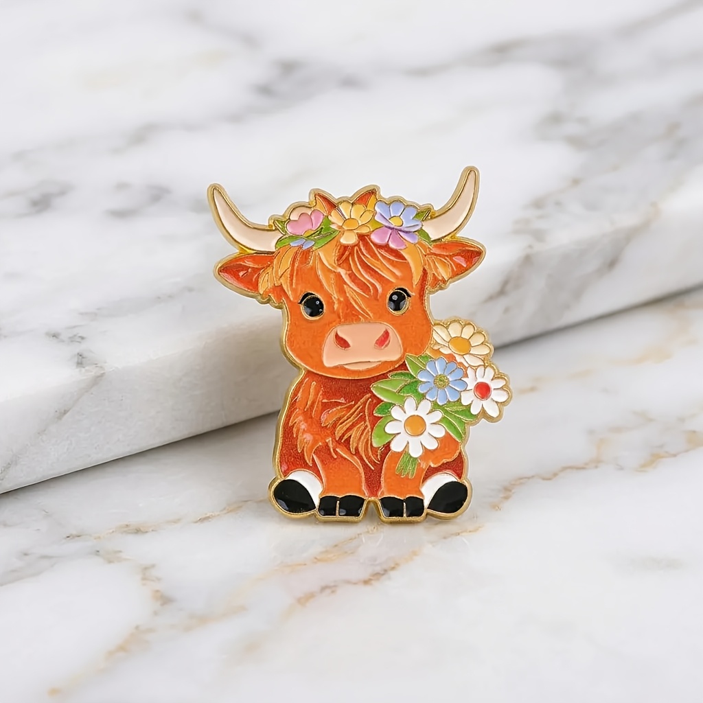TEMU Broche Pastoraux Cartoon Highland Couronne de Tête Petites Fleurs Mignonnes Vache à Longues Crinières Émaillée Pin Femmes Costume Chemise Toile