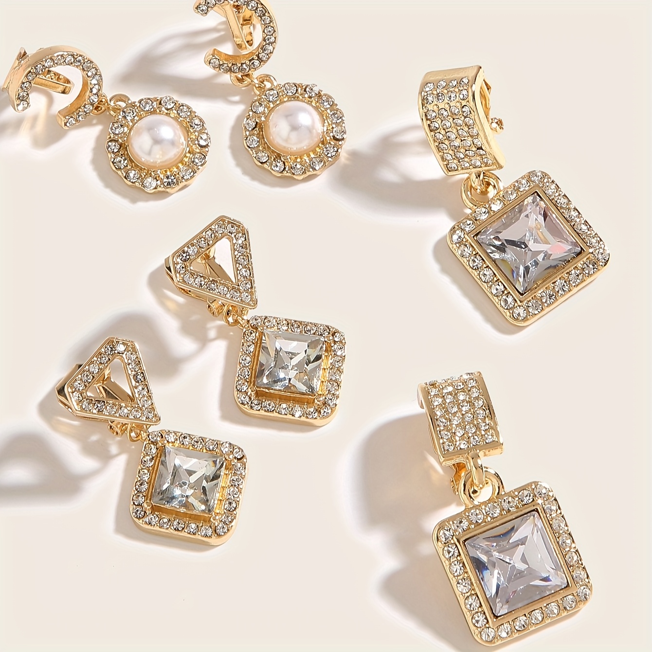 Image of 3 Pairs Of Fashionable Lightweight Rhinestone/artificial Geometric Women's Ear Clips Suitable For Daily Banquet Gifts