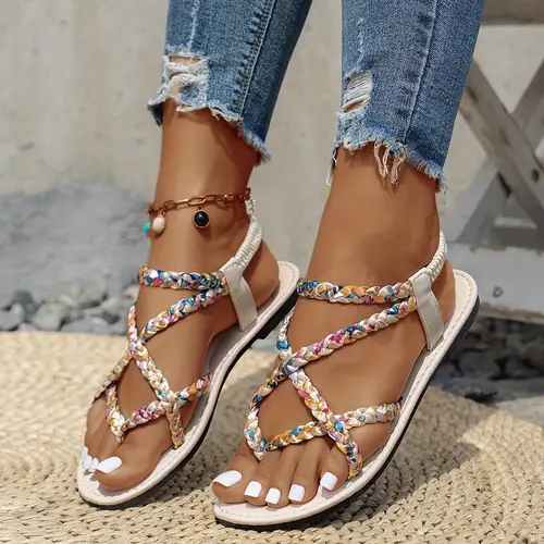 1pc bohemian flat sandals for women strappy split toe flats with rubber sole slip on roman shoes with decorative multicolor braiding casual summer beach footwear
