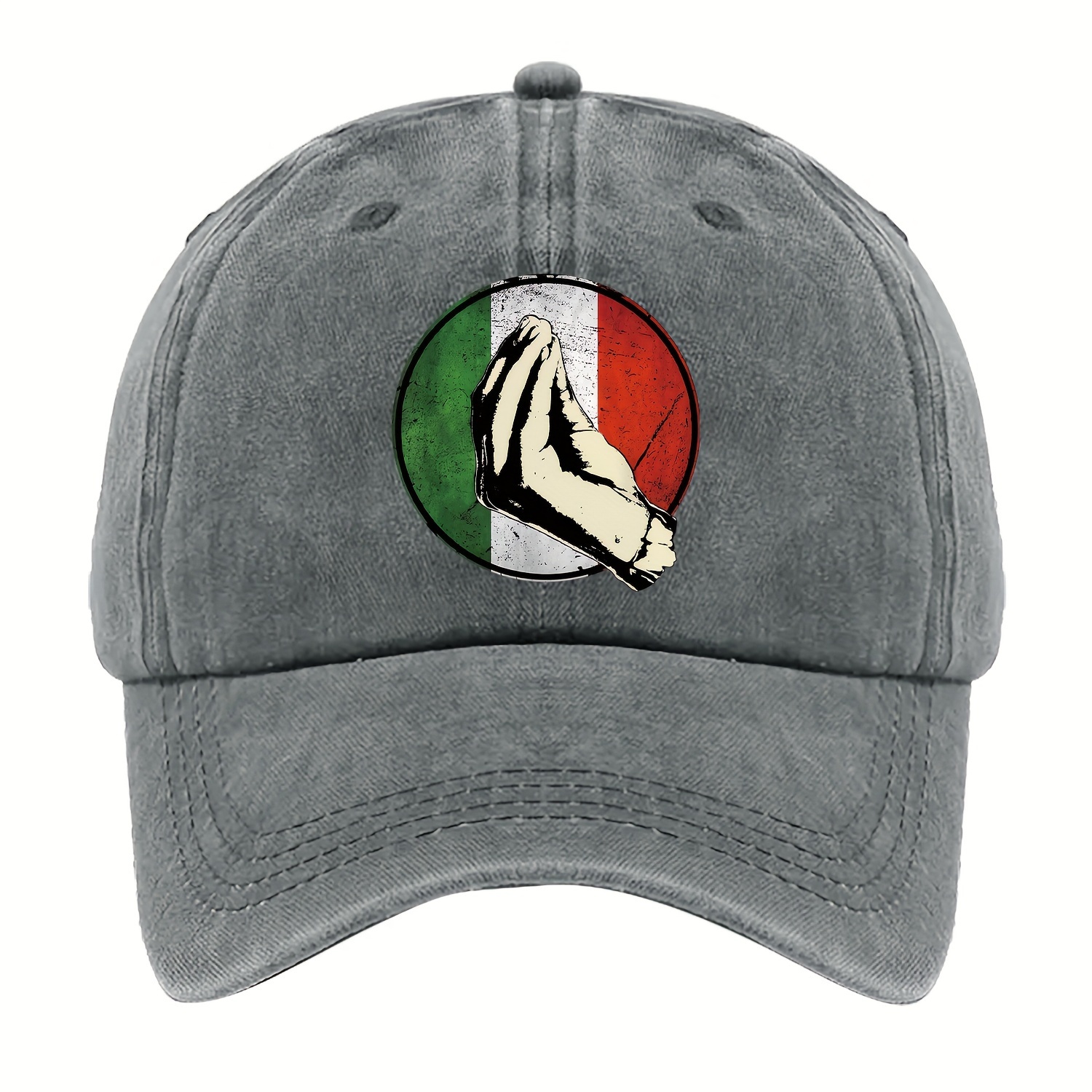 

Vintage Washed Denim Baseball Cap With Italian Pasta Flag Gesture Victory Heat Transfer Print, Retro Distressed Old Look Adjustable Size Hat