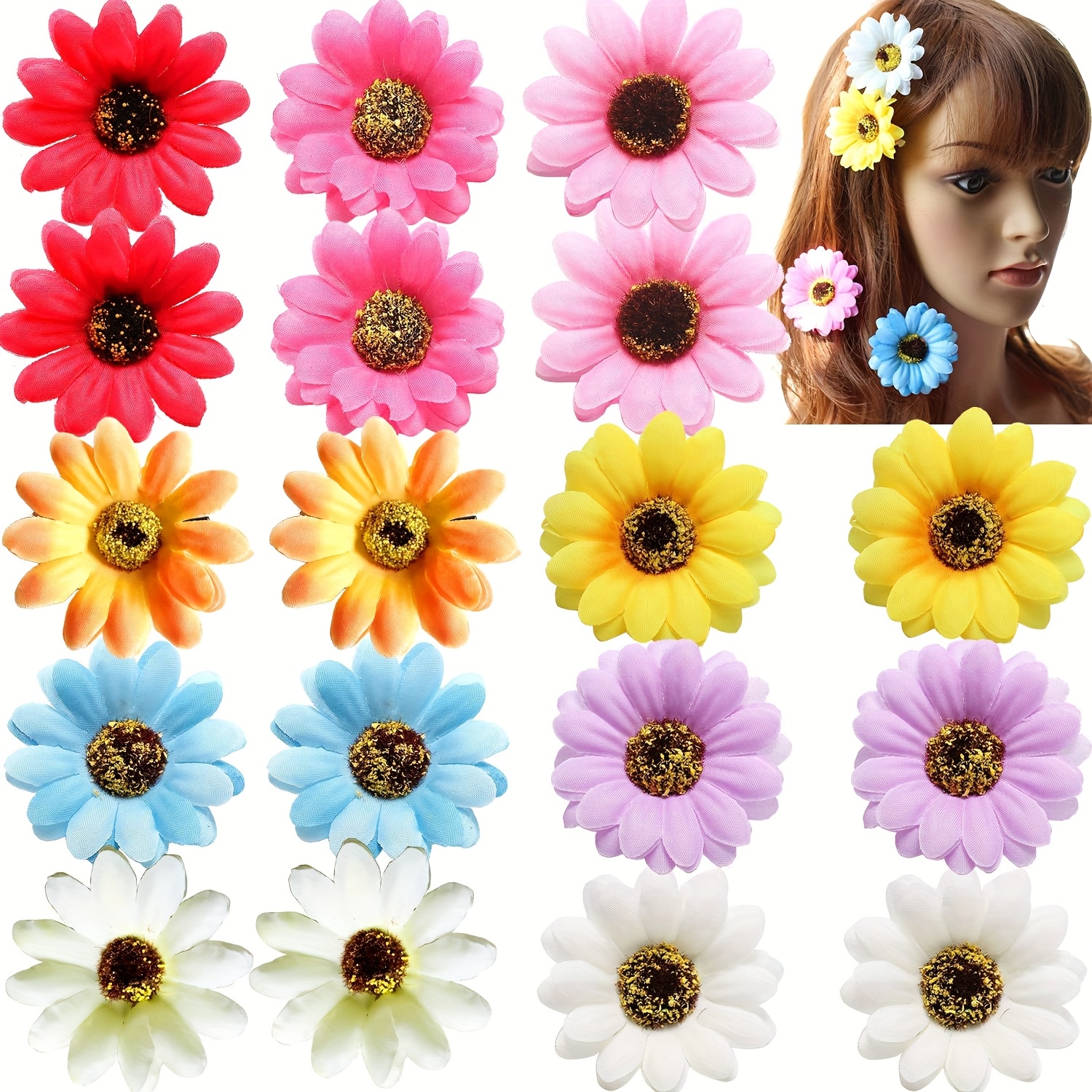 18pcs Hawaiian Flower Hair Clips, 2.5 Inch Daisy Sunflower Hair Accessories Clip For Women, Hawaii Tropical Party Decorations, Beach Pool Vacation Outfit, Luau Party Supplies Favors, Bridal Wedding