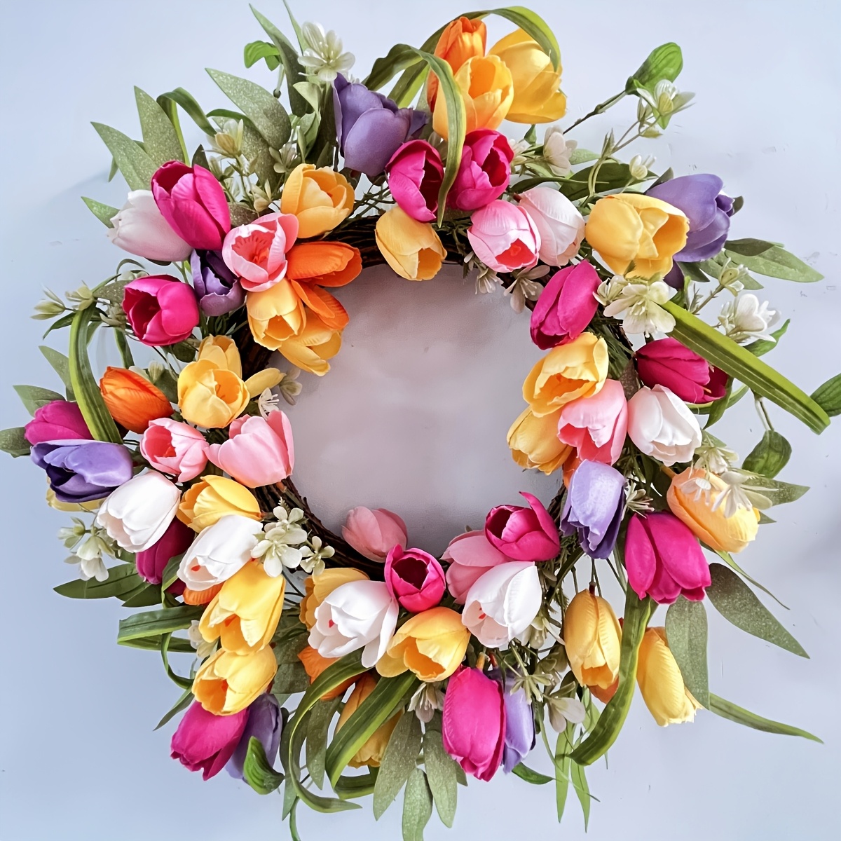 

[1pc Artificial Wreath] Easter Wreath, Handcrafted Artificial Colorful Tulips With Olive Leaves, 50cm, Plastic , For Front Door, Wall, Outdoor, Party Decoration, Fits