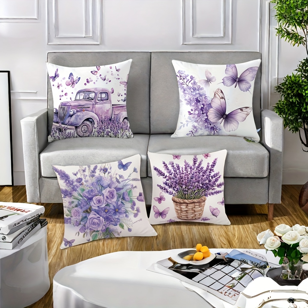 4pcs spring floral vintage car print pillow covers 17 7x17 7 inch soft lavender decorative pillowcases double sided contemporary design with zipper closure machine washable for bedroom living room sofa decor vintage pillow covers bedroom accessories   pattern   fabric Product details 4