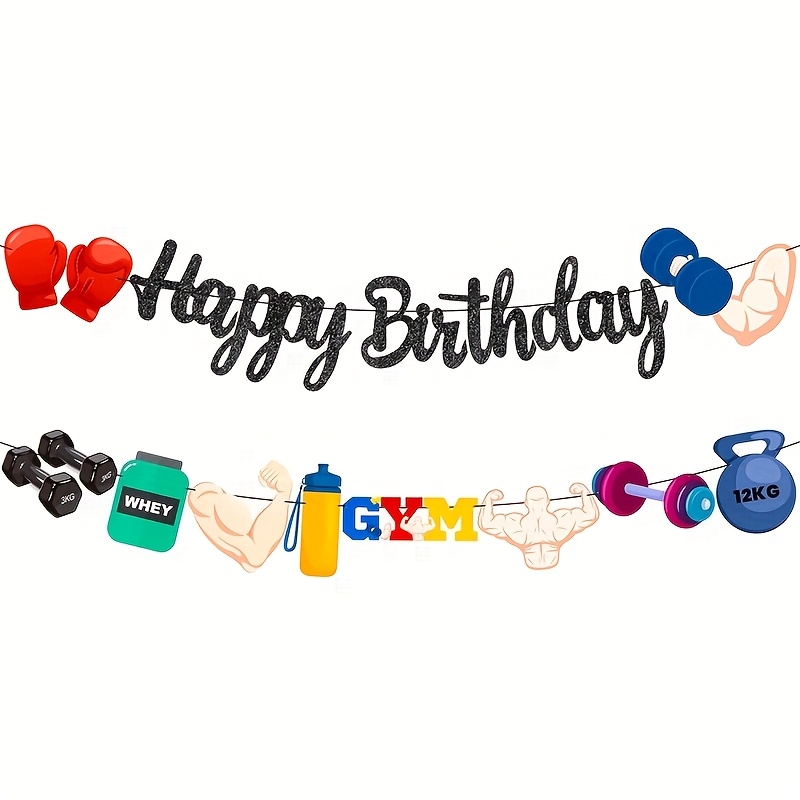 Image of A Set Of Glittery Birthday Letter Banners Themed Around Gym And Fitness, Perfect For A Weightlifting Or Bodybuilding Celebration