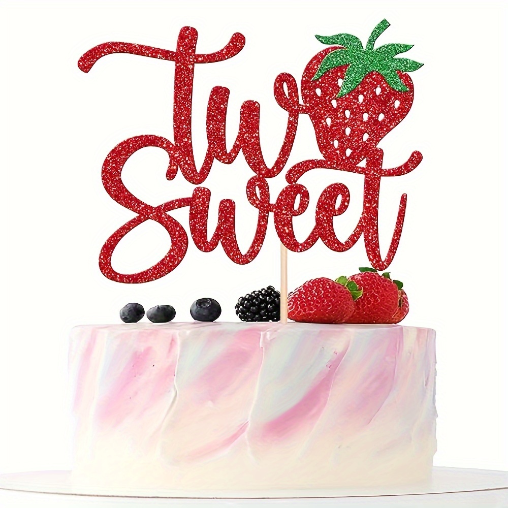 

1pc 2 Cake Topper Red Glitter Strawberry Sweet 2 Cake Pick Berry 2nd Birthday Cake Decoration For Strawberry Theme Second Birthday Party Decorations Supplies