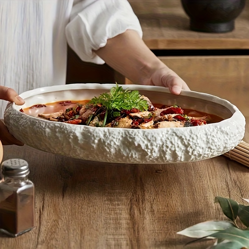 2pcs Set of Large Ceramic Fish Plates with Rock Pattern - Perfect for Steaming Fish, Lobster And Seafood - Elegant Tableware for Fine Dining Restaurants And Home Use