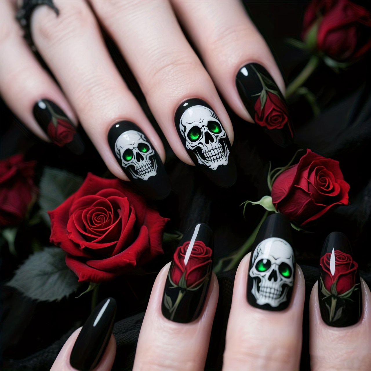 TEMU 48pcs (2 Boxes) Halloween Gothic Rose Press - On Nails, Removable Nail Art