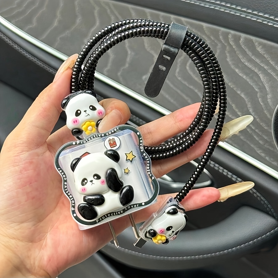 TEMU Cute 3d Panda Data Cable Protective Case For Iphone 14 Pro Max Charger, Suitable For Iphone 13/12/11 Charger, A Winding Device For 18/20w Fast