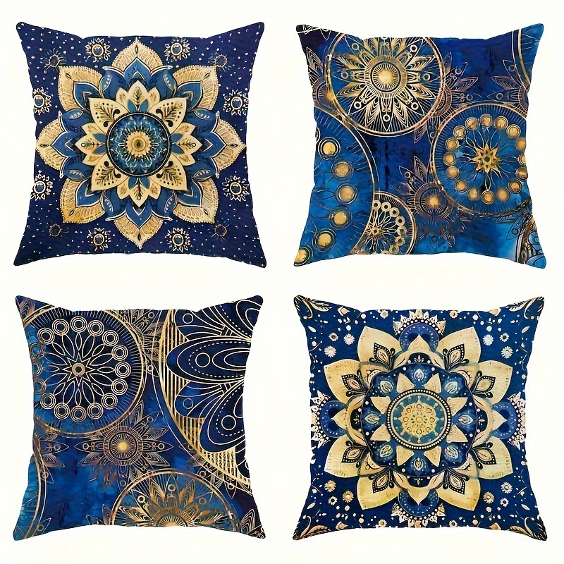 

4pcs & Geometric Throw Pillow Covers - Blue & Golden, Hypoallergenic Polyester With Zipper Closure, Machine Washable - Living Room, Bedroom, And Sofa Decor