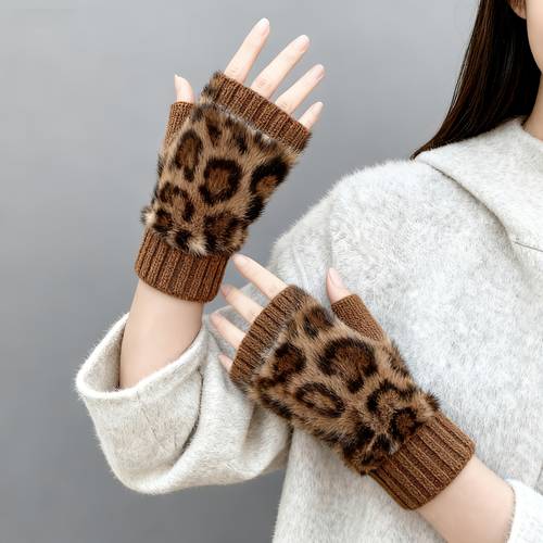 new autumn and winter womens leopard print half finger gloves short style fingerless and warm fashionable design