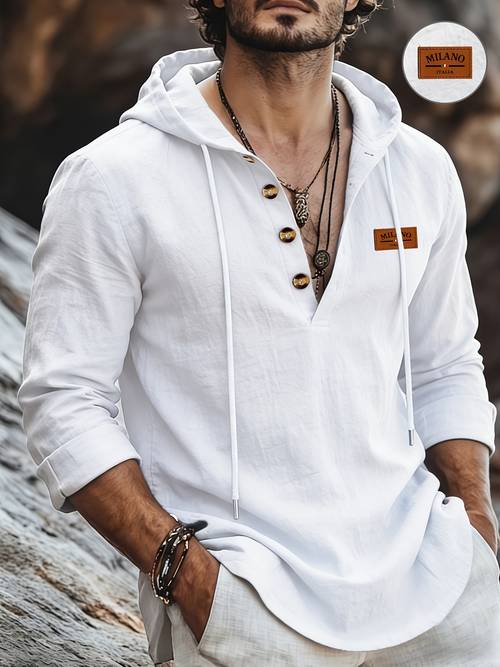 item picture linen long sleeve hooded top shirt henley shirt linen texture hooded henley long sleeve shirt mens half button wooden button drawstring hoodie loose roll up sleeve casual top