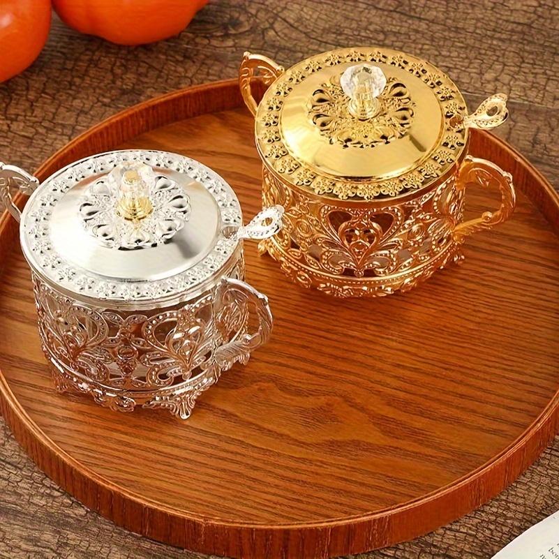 

Elegant Vintage-style Sugar Bowl With Spoon - Alloy Seasoning Jar For Kitchen Storage, Embossed Design