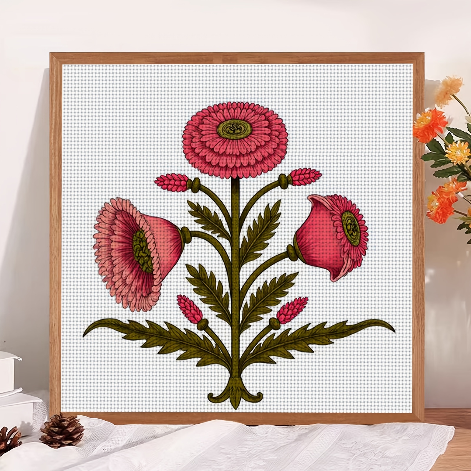 Cross Stitch Printed Kit, Frameless, Pink Floral Pattern Design for Beginners