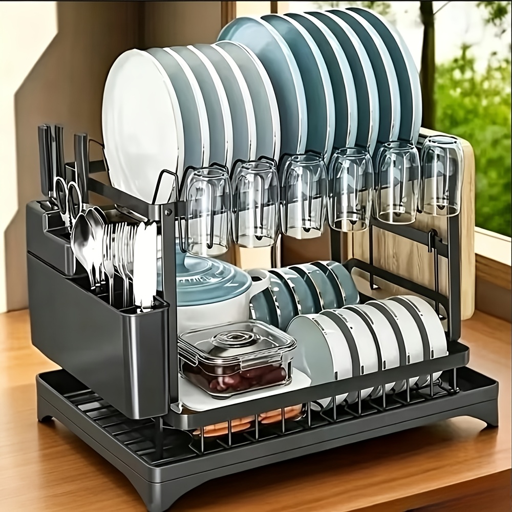 Image of Two-tier Kitchen Countertop Shelf, Two-tier Dish Rack, Rust-proof Kitchen Dish Rack, Dish Rack With Draining Tray And Kitchen Additions, Kitchen Draining Rack, Bowl Rack