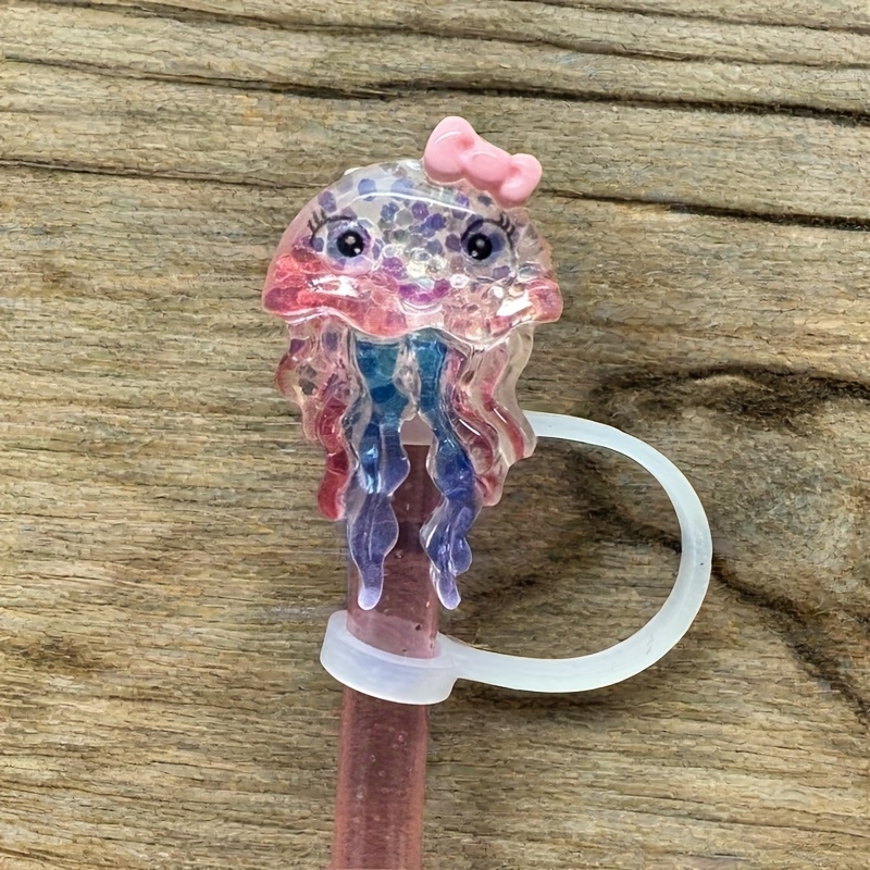 

Resin Jellyfish Water Bottle Straw Topper With Heart Accent, Reusable Silicone Straw Cap, For Valentine's Day, Day, And Home