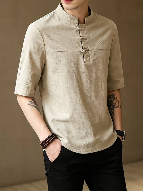 mens short sleeve chinese style t shirt loose fit solid color half sleeve trendy vintage chinese fashion summer lightweight top