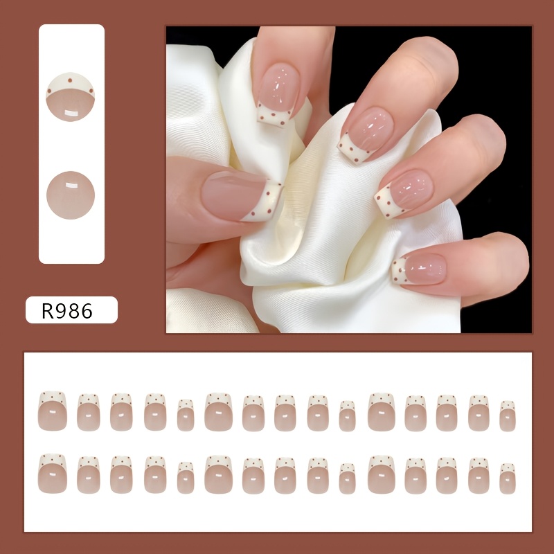 TEMU Einfache Creme Französische Süße Braune Polka-Dot Temperament Mädchennagelkunst Abnehmbare Tragbare Nägel Gelee Kleber