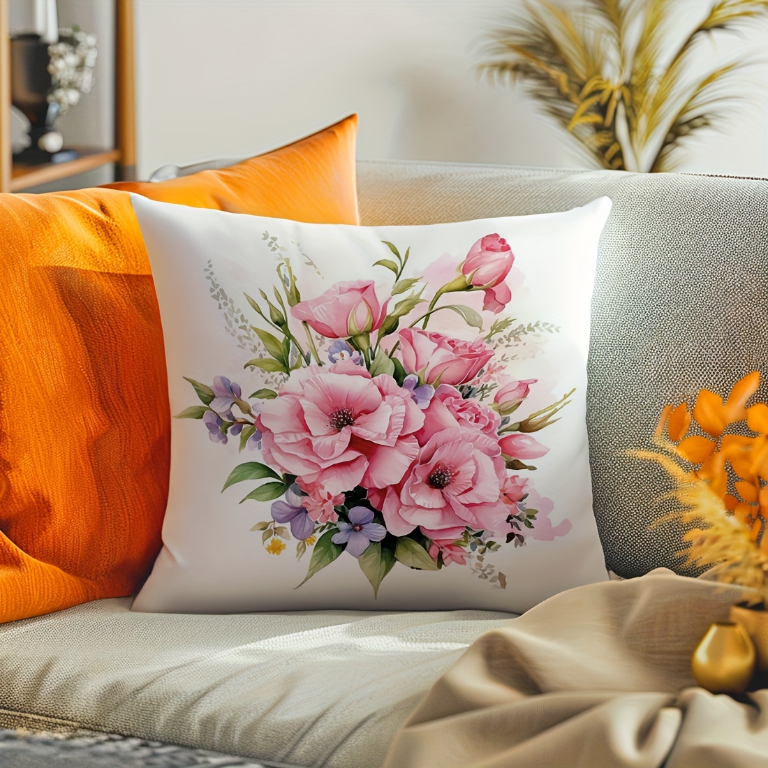 

1pc Floral Watercolor Cushion Cover 45x45cm, Pink Flowers Peach Skin Velvet Pillowcase, Contemporary Style Home Decor, Sofa Bed Throw Pillow Cover Without Insert, Single Side Print