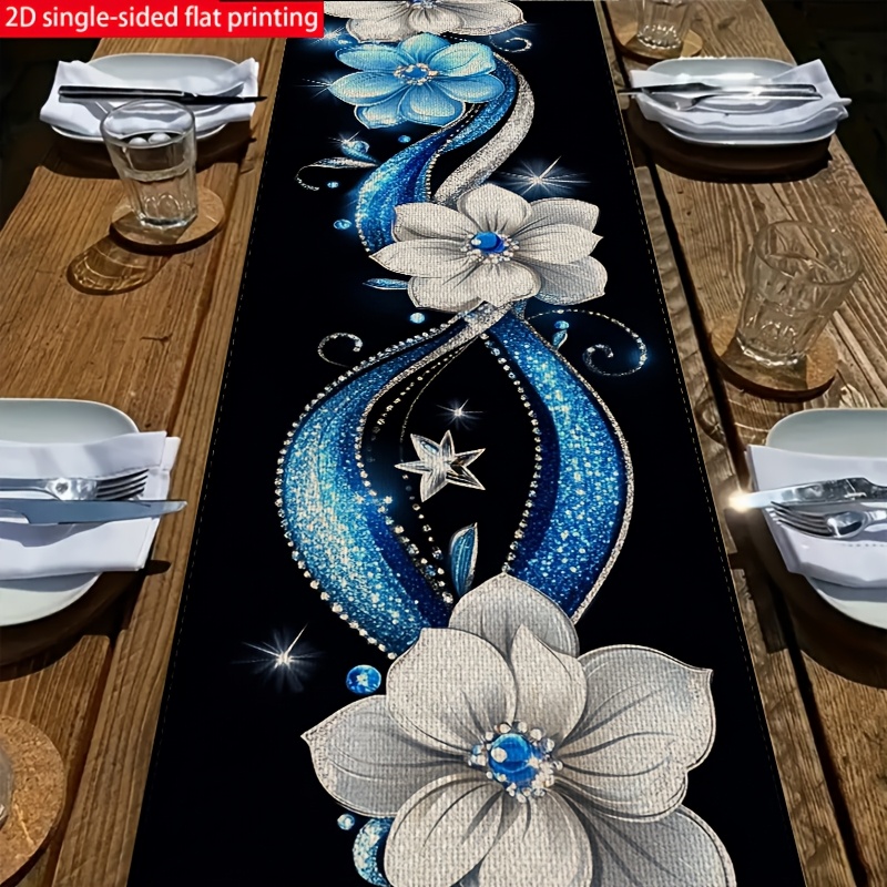 TEMU Tischläufer, ., 2D-Flachdruck, 100% Polyester, Blau-Weißes Blumenstern-Druckmuster, Valentinstags-Feiertagsdeko für Esstisch, Indoor-Party zu