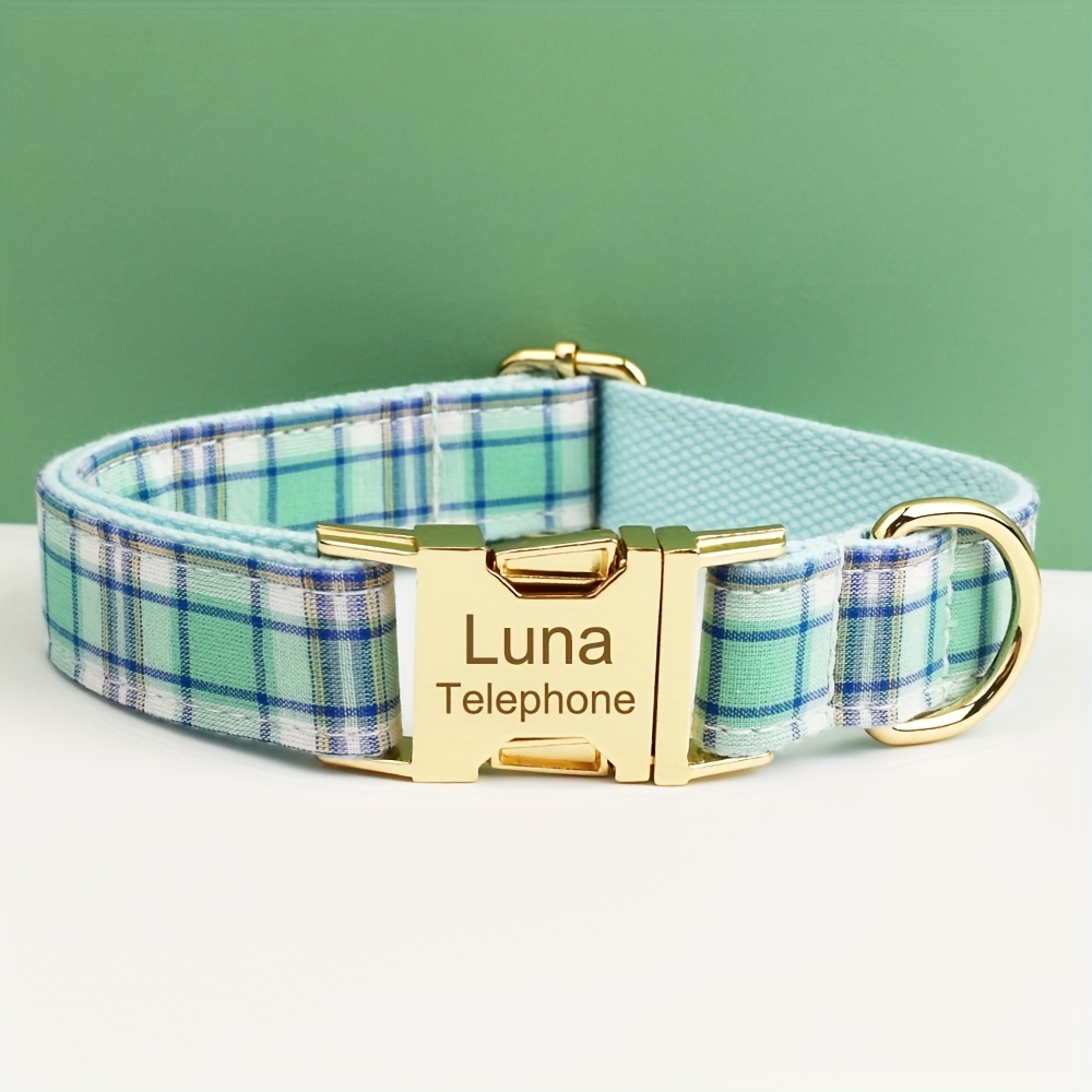 XINXIPETS Customized Plaid Dog Collar - Adjustable Metal Buckle, Personalized Name & Phone Engraving, Durable Polyester, Multi-Color Options for All Dog Sizes, Anti-Loss Safety Design, Dog Collar Personalized, Goldtoned Metal
