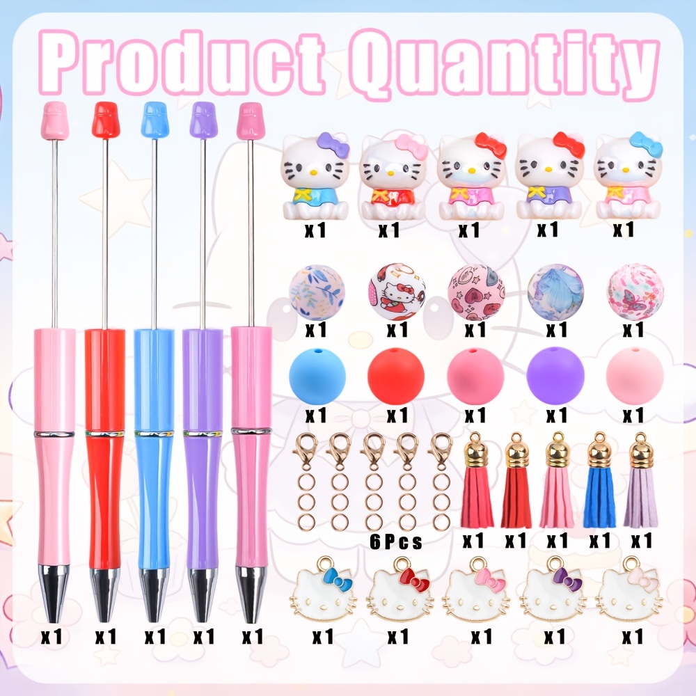 TEMU 5 Sets Of "hello Kitty Beaded Ballpoint Pen Set Kawaii Cute Pens With Charms, Red And Blue Color Set, Fun Decorative Writing Pens For School,