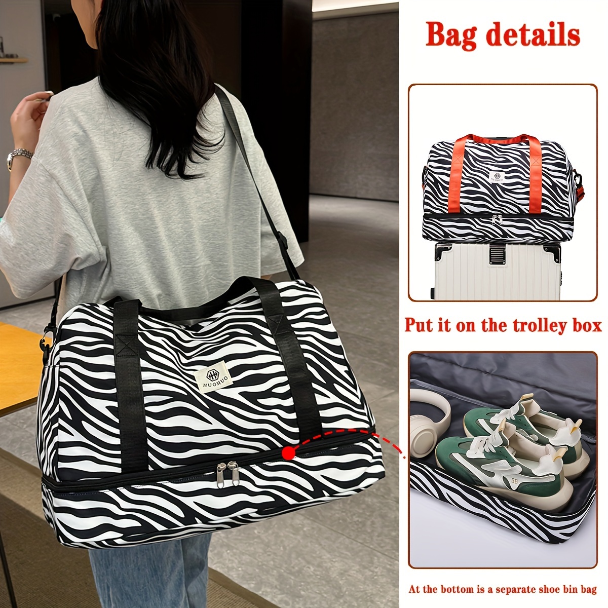 

Zebra Striped Sports Gym Bag, Carry On Suitcase Luggage Bag, Large Capacity Crossbody Travel Duffle Bag