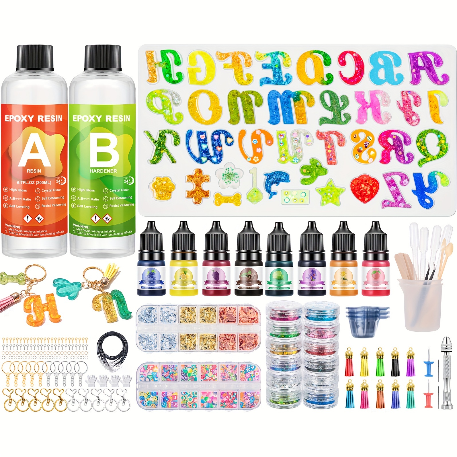 

Epoxy Kits For Beginners, 218 Pcs Epoxy Kit, Letter Moulds , Gold , Keychain, Tassels, For Diy Keyring Jewelry Making