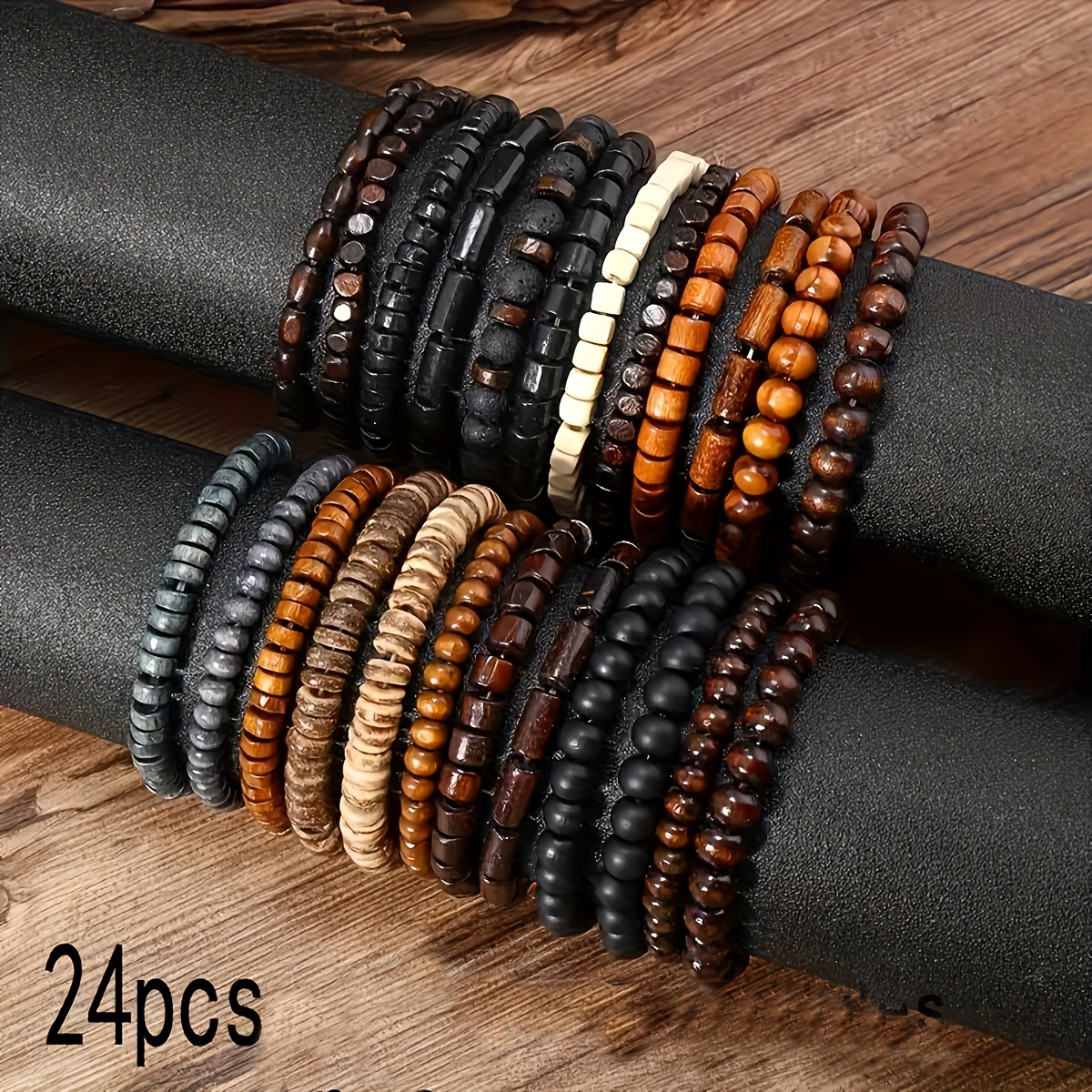 TEMU Vintage 24pcs Wooden Bead Bracelet Set, Gift For Men
