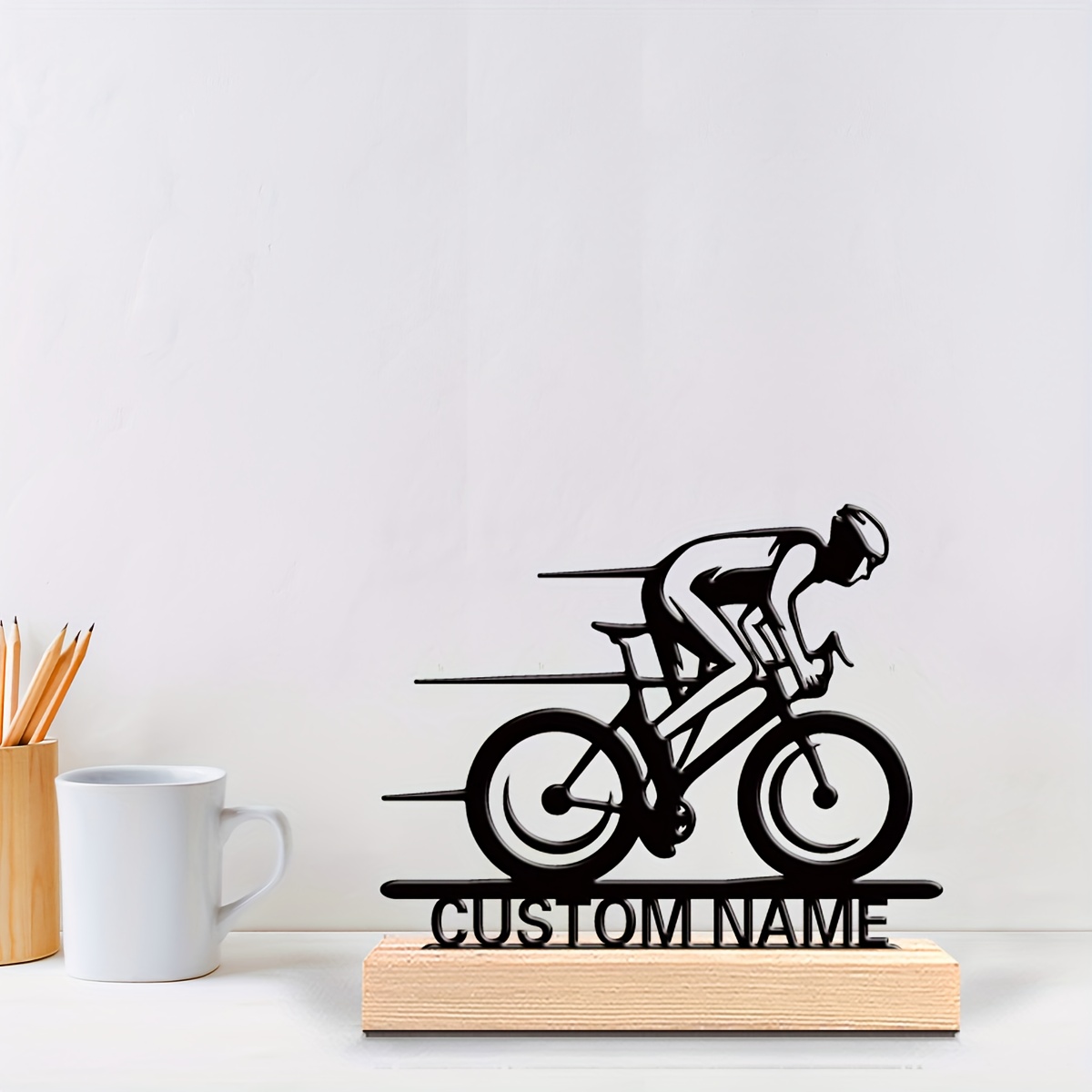 TEMU 1 Personalized Bicycle Statue - Custom Name, Athletic Knight Design, Cast Iron Material With Natural Wood Base - Vintage Sports Decor, Suitable