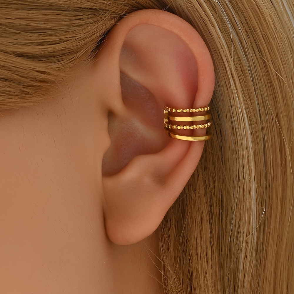 TEMU 1 Pair Of Stainless Steel Golden Ear Clips, Personalized Jewelry, No Piercing Required, Three-line Ear Clips, Earrings, Suitable For Daily Wear