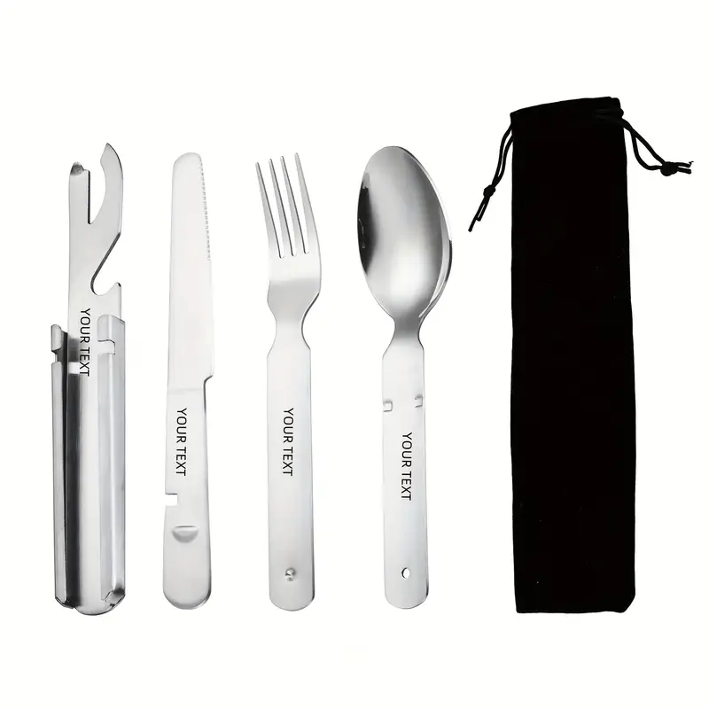 personalized customization 4pcs stainless steel portable outdoor tableware set suitable for travel with knife bottle opener and storage bag outdoor combination tableware camping outdoor travel and silvery Product details 0