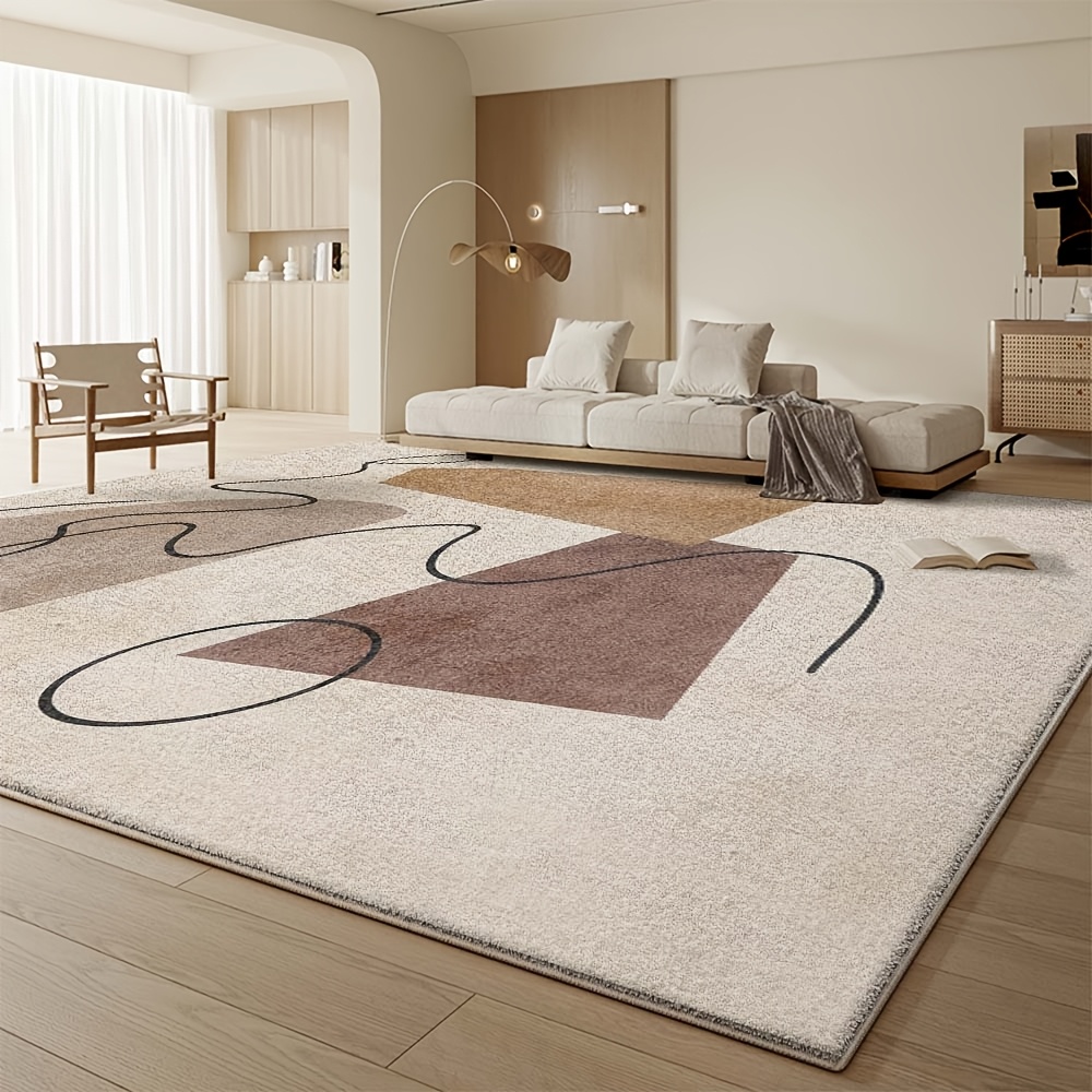 [ Product] - Modern Beige And Brown Abstract Design, Ultra-Soft, Machine Washable, Living Room, Bedroom, Office Decor - Home Rug, Indoor Mat | Abstract Print Mat | Polyester Velvet Mat, Living Room Carpet