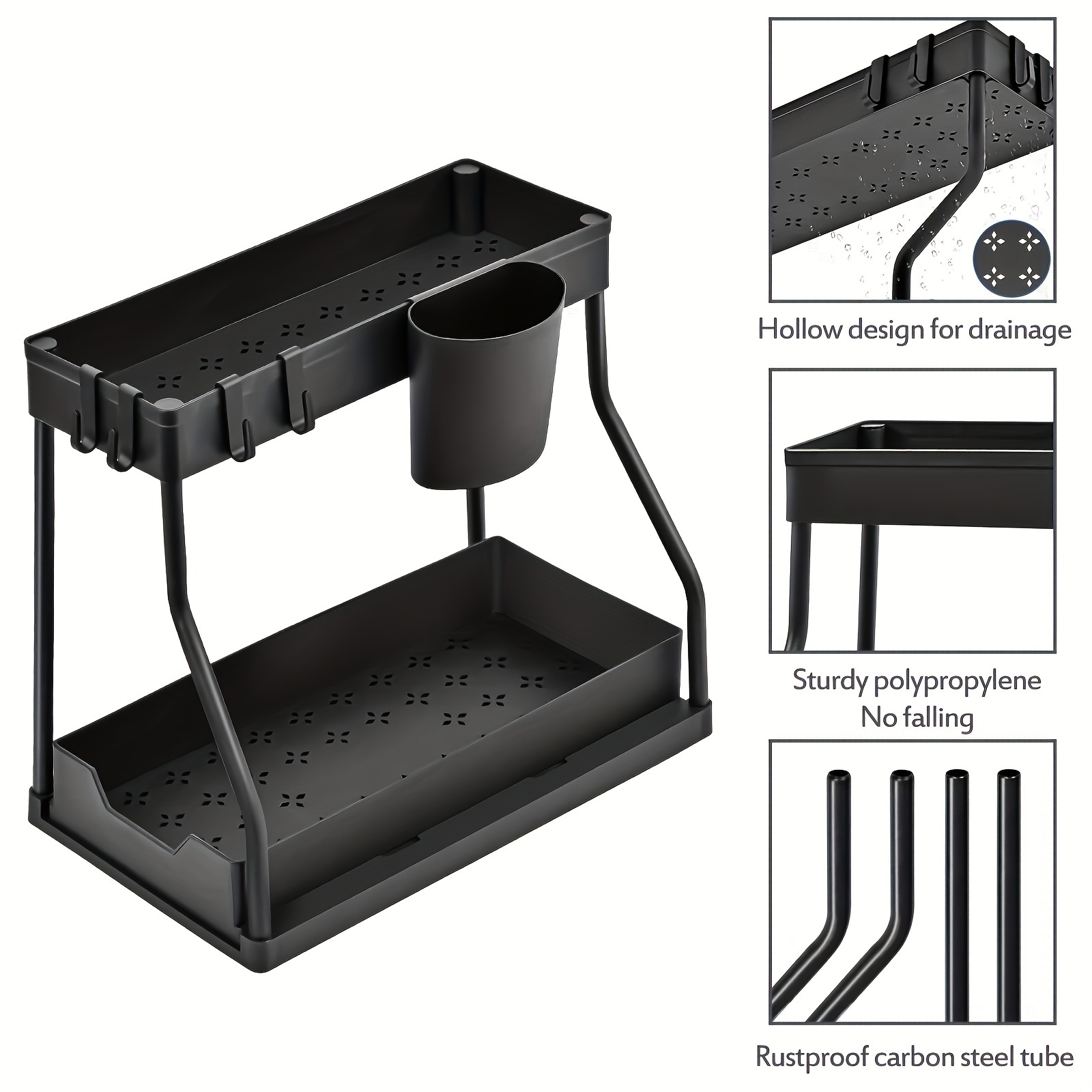 TEMU 1 Pair Of Under-sink Organizer Racks, Pull-out Kitchen Rack, Sliding Cabinet Basket Organizer Drawer, With Hook Spice Rack Bowl Holder, Bathroom Rack Toilet Rack, In Black And White