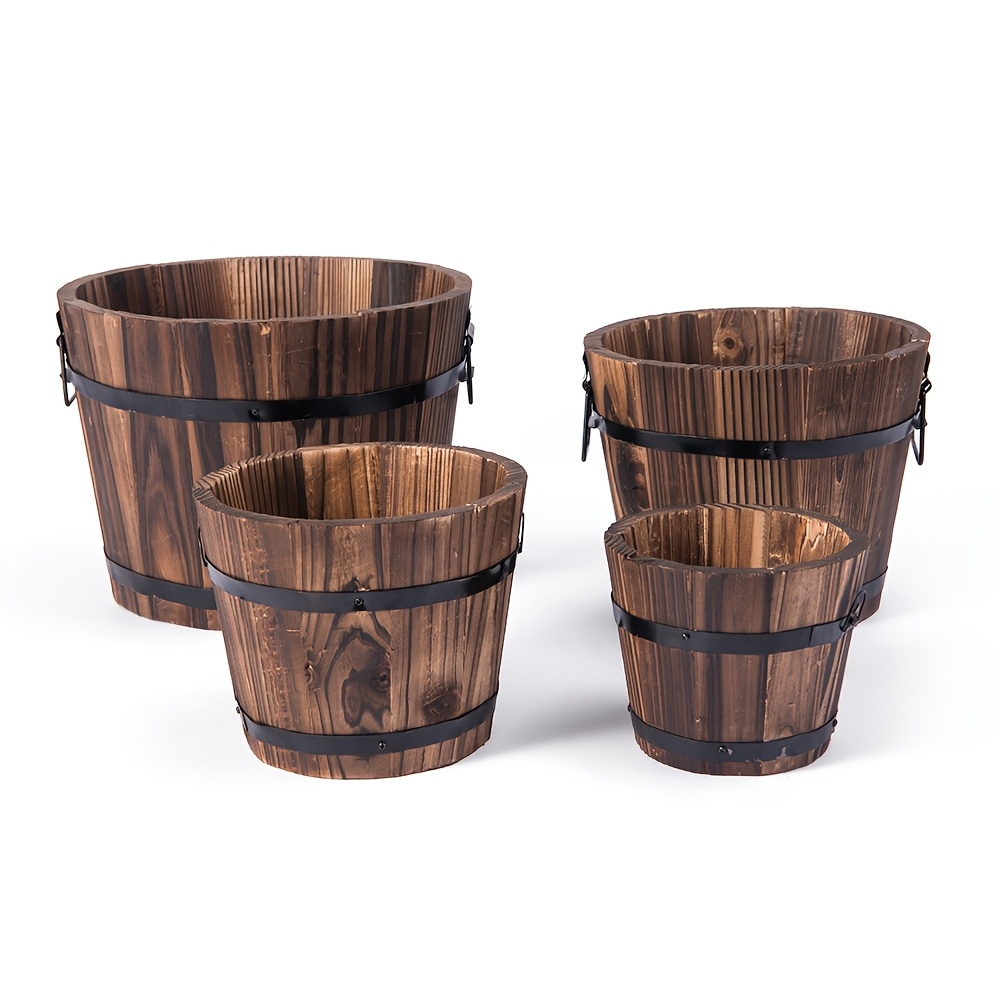 TEMU 4pcs Rustic Wooden Barrels Planters Barrels Bucket With Handle, Flower Planter Plant Pots Container Water Pail Garden Backyard Outdoor Indoor