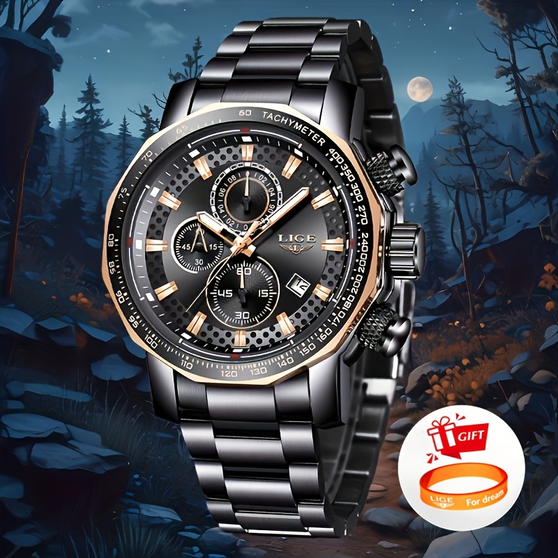 Lige Men's Business Quartz Watch | Stainless , Alloy Case, Luminous Display, Date Function, Stopwatch, , Electronic Quartz Movement, Chronograph Wristwatch