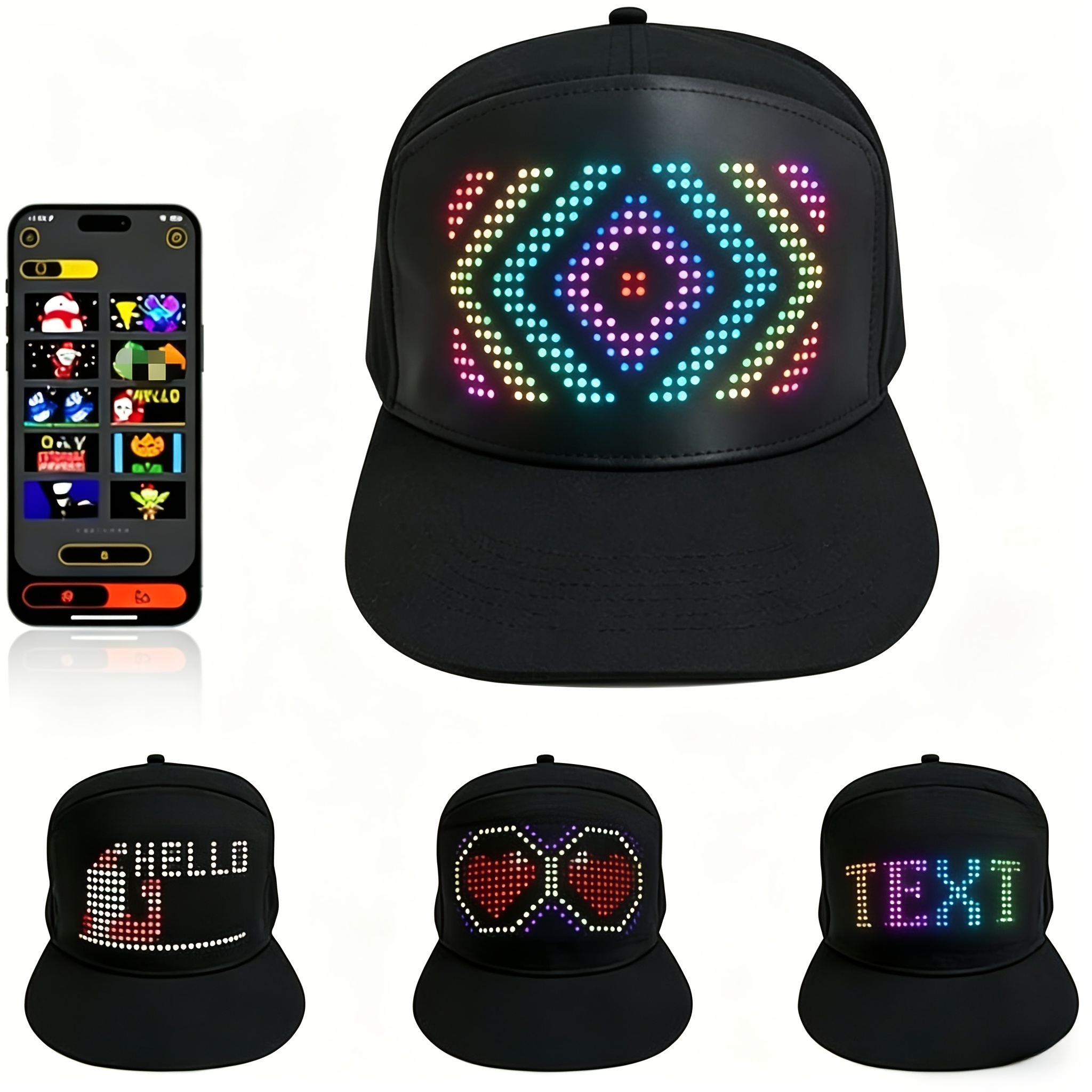 Casquettes LED, Affichage LED Intelligent, Casquettes Lumineuses Rechargeables à Écran Couleur, Affichage Défilant Programmable, Contrôle Sans Fil par Application, Idéales pour Soirées Dansantes, Concerts, Cadeaux d'Anniversaire, Noël, Halloween, Saint-Valentin