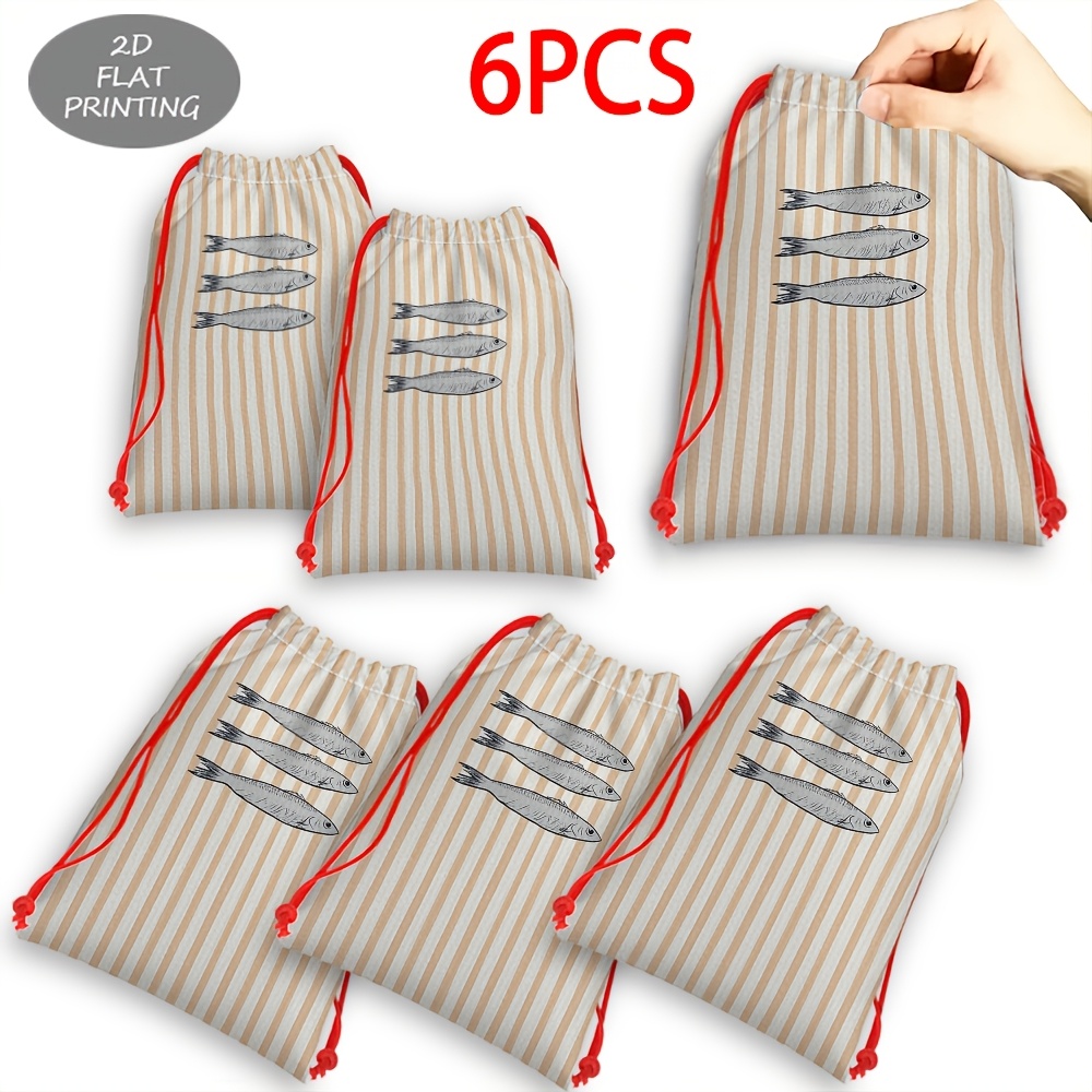 TEMU Juego de 6 bolsas de regalo con cordón para fiestas y Navidad, de gran capacidad, con estampado de peces y a rayas, bolsas para manzanas de