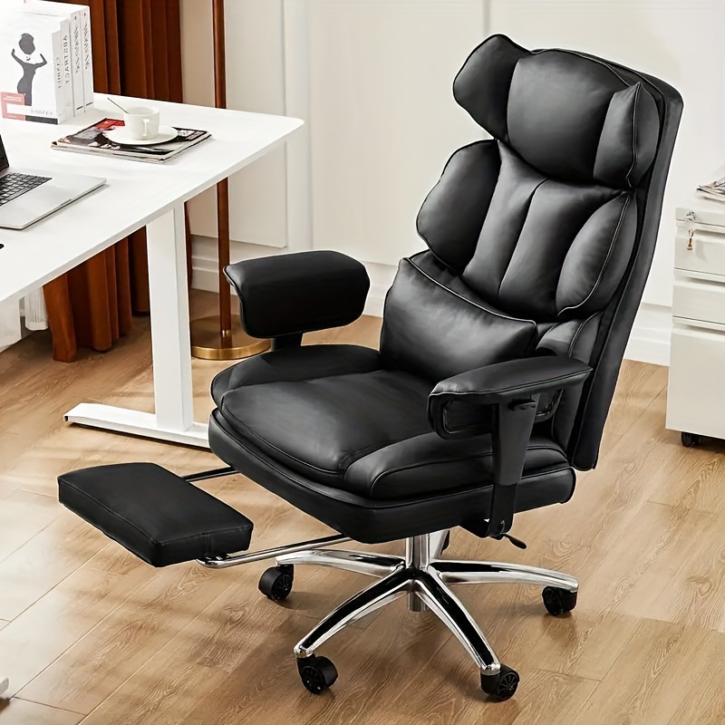 

High Back Reclining Desk Chair With Footrest, Big And Tall Adjustable Height Pu Leather Executive Computer Task Chair With Leg, Rest And Lumbar Support, Armrest For Adult