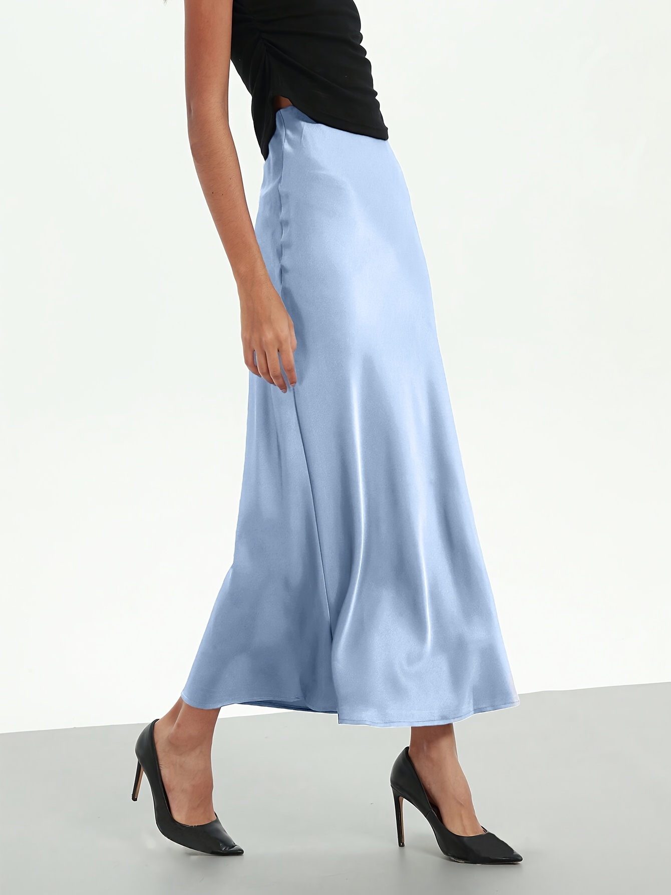 elegant light blue high waist satin maxi skirt side - Temu