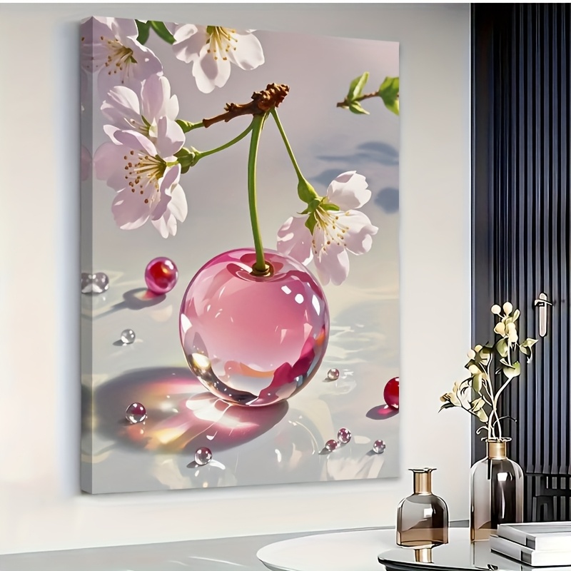 TEMU Plat 2D, Grande Peinture à l'Huile sur Toile de et Cristal - Arbre Rose avec Brillants, Convient pour la Décoration de Salon, Décoration de