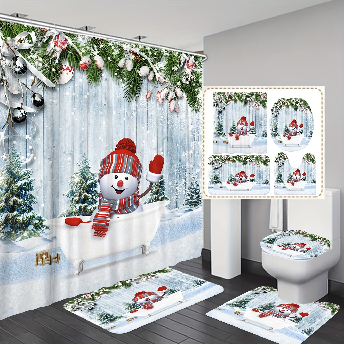 

Christmas Snowman Waving From Bathtub Bathroom Set With Machine Washable Polyester Fabric, Fade-resistant With Hooks, Fashion-themed With Weave Design - Accessory Included (1 Set)