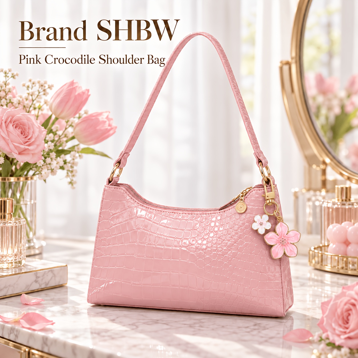 TEMU Brand Shbw Women' Pink Crocodile Shoulder Bag With Flower Charm, Zipper Closure And Slim Strap For Daily Outfits, Dating, Parties, Travel,