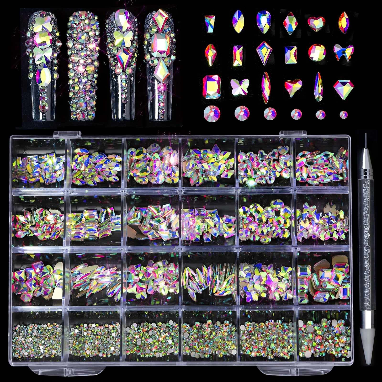 

Nail Art 24 Grids Nail Rhinestones Kit, Ab Flat Bottom & Irregular Shape Manicure Decoration Diy Nail Charms Nail Gems Nail Supplies