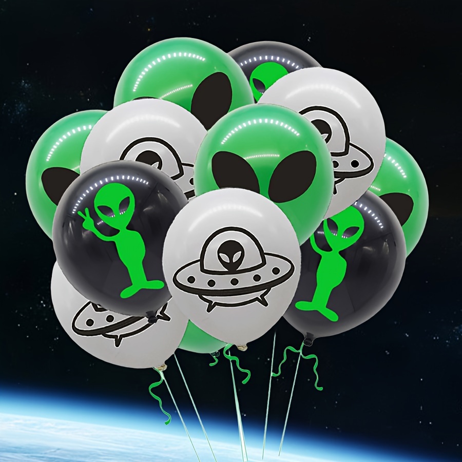 Party Balloons - 12 Green, Black And Gray Ufo Outer Decorations